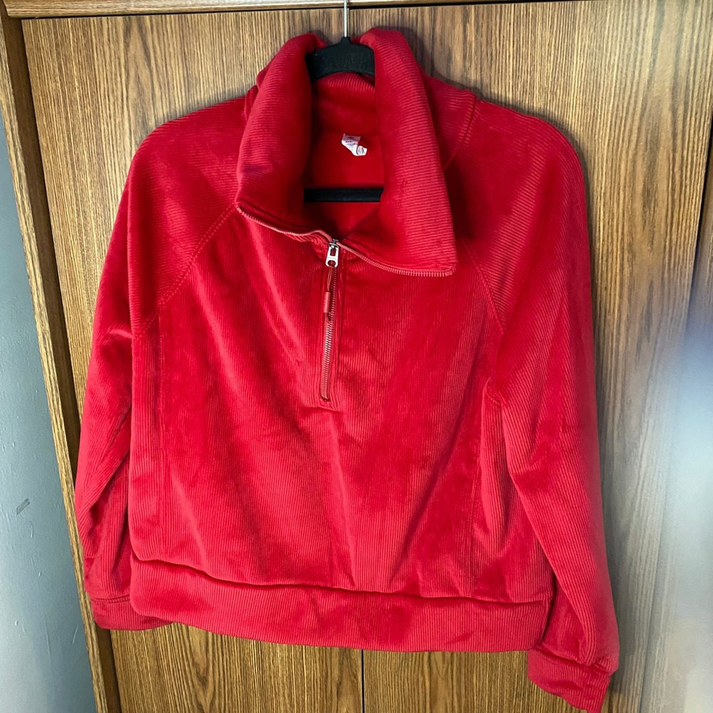 Kyodan Pullover Women Large Red Ribbed Corduroy Quarter Zip Funnel Neck Top